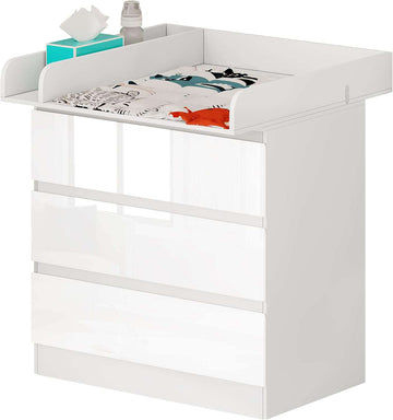 commode met aankleedkussen, ladekast met 3 lades, commode met geluidsarme metalen rails, kantelbeveiliging, 86 cm voor lendenbescherming, wit+Hoogglans Wit
