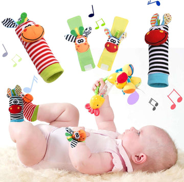 Baby Rammelaar Sokken Polsriem Rammelaars, 4 stks Pols Rammelaars voor Baby's & Voetzoeker Set, Zacht Dier Baby Rammelaars Speelgoed voor 0-6 Maanden Baby's Jongen Meisje