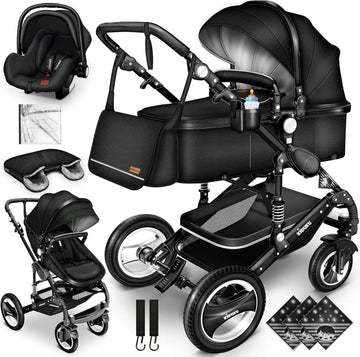 3 in 1 Kinderwagen Complete Set | Combi Wandelwagen Set incl. Reiswieg Buggy Car-Baby Shell Voetenzak | Volledig rubberen banden Luiertas Regenhoes Kindertafel