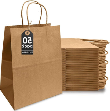 50 Grote Bruine Papieren Zakjes met Handvat – Versterkt, 21x14x27 cm – Cadeauzakjes