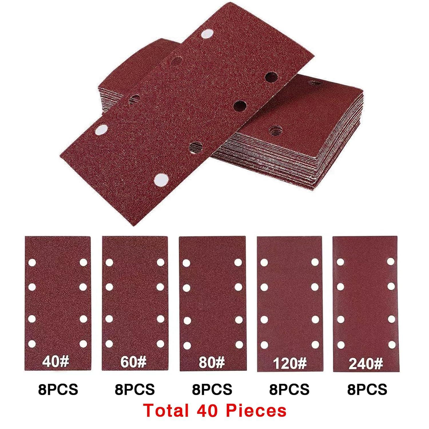 Schuurpapier voor Elektrische Vlakschuurmachine - 93x185 mm, 8 Gaten, Klittenband - Set van 40 Stuks (Korrels 40, 60, 80, 120, 240)