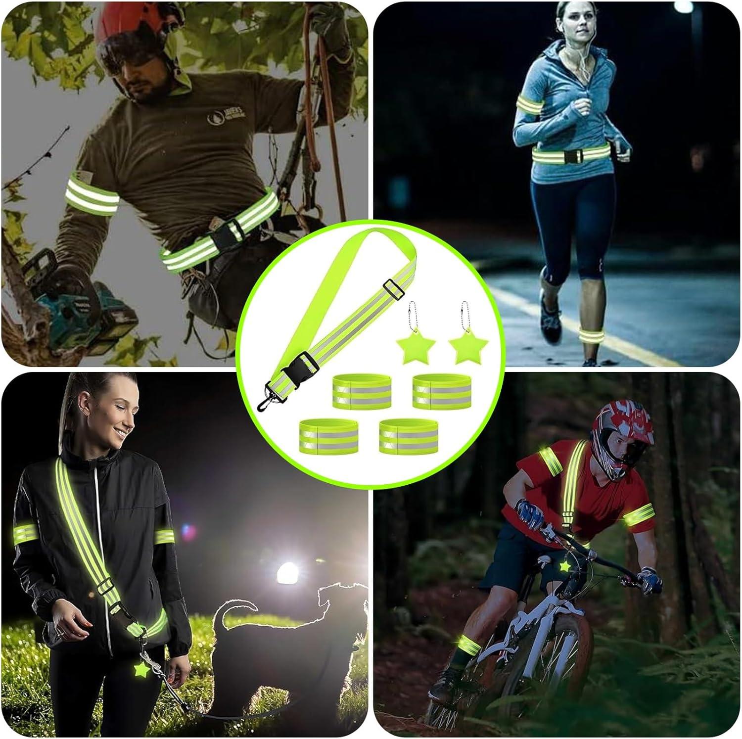 Reflecterende Veiligheidsset – Verstelbare Groene Riem met 7 Reflecterende Banden & Hangers voor Wandelen, Hardlopen & Fietsen