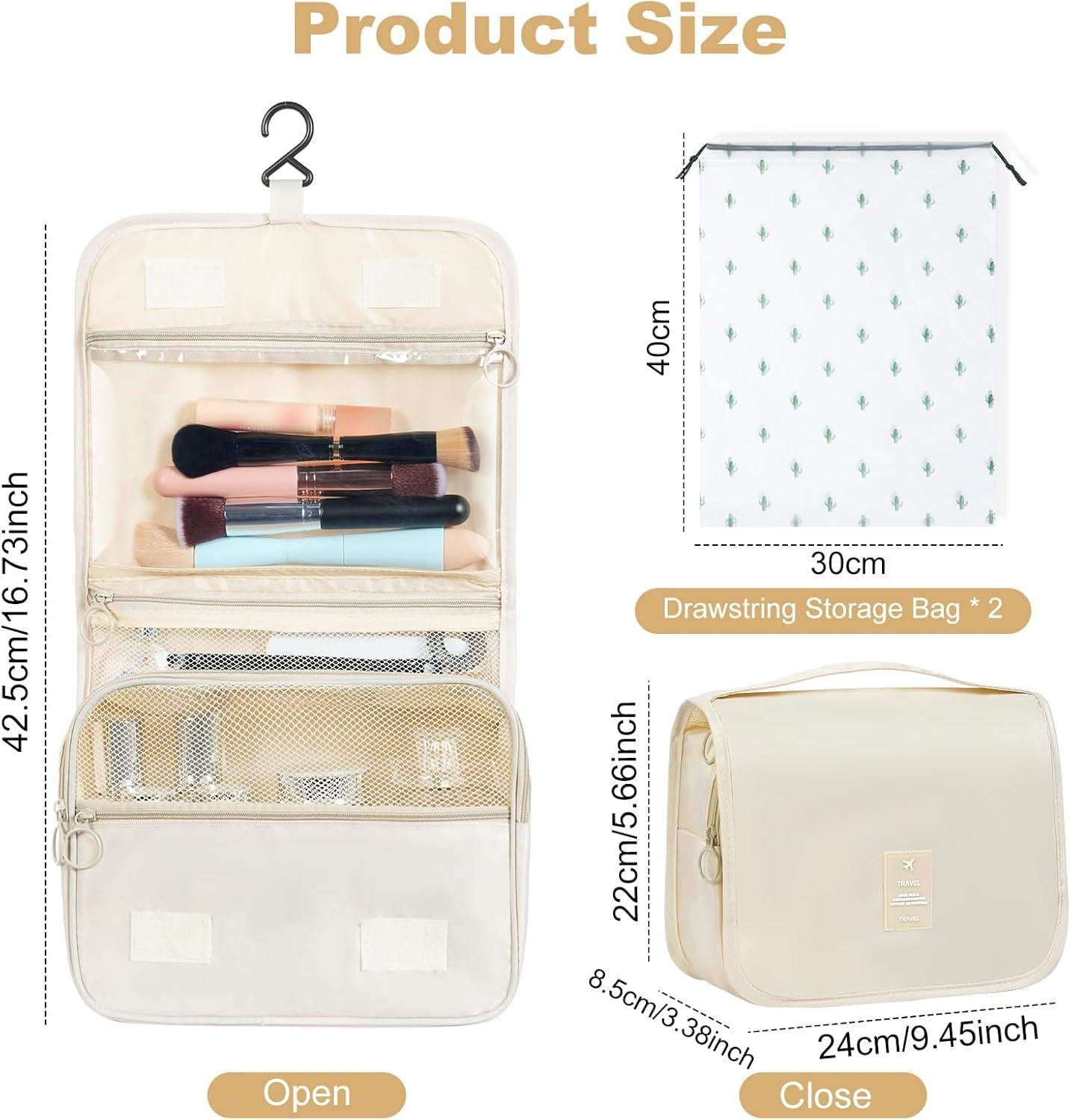 Hangende Toilettas Waterdicht – Kationisch Materiaal met Haak en 2 Trekkoordzakken – Beige