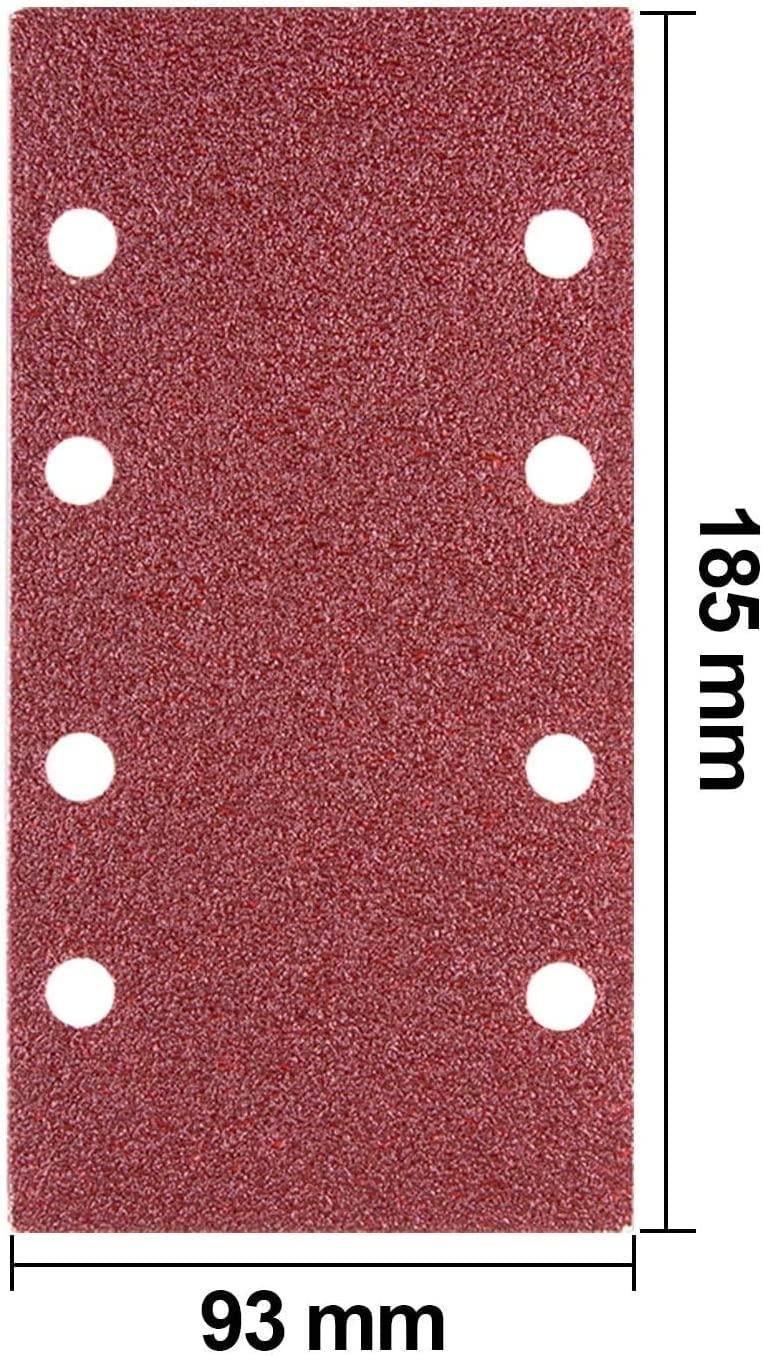 Schuurpapier voor Elektrische Vlakschuurmachine - 93x185 mm, 8 Gaten, Klittenband - Set van 40 Stuks (Korrels 40, 60, 80, 120, 240)