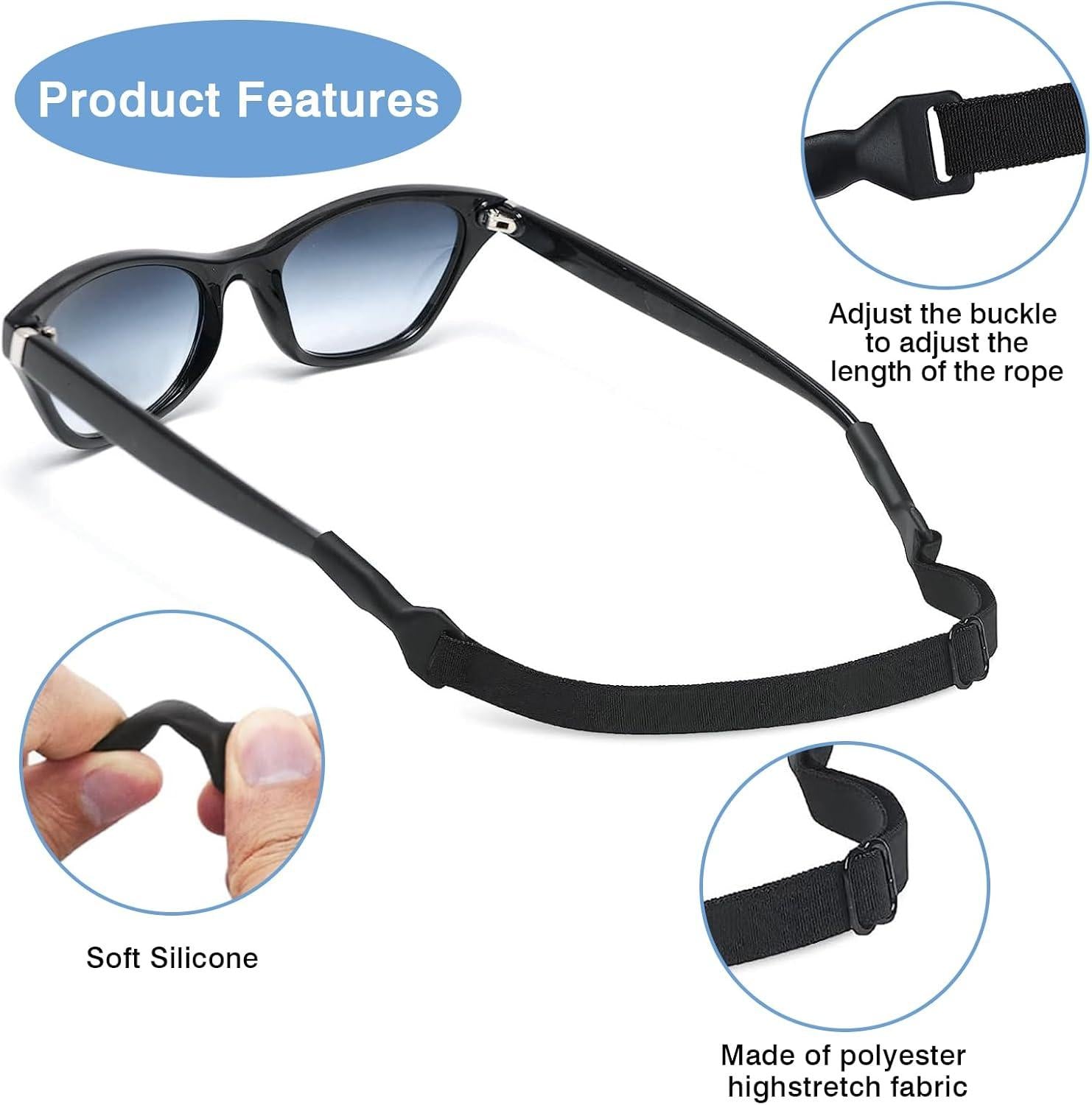 4x Verstelbare Sportbrilbanden – Antislip Elastische Siliconen Brilkoorden met Neuspads – Unisex Zwart