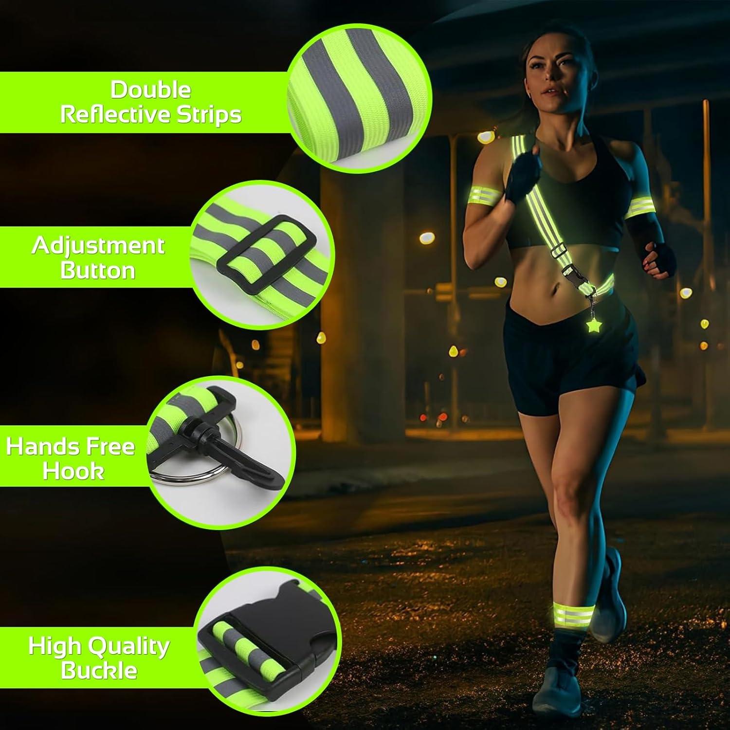 Reflecterende Veiligheidsset – Verstelbare Groene Riem met 7 Reflecterende Banden & Hangers voor Wandelen, Hardlopen & Fietsen