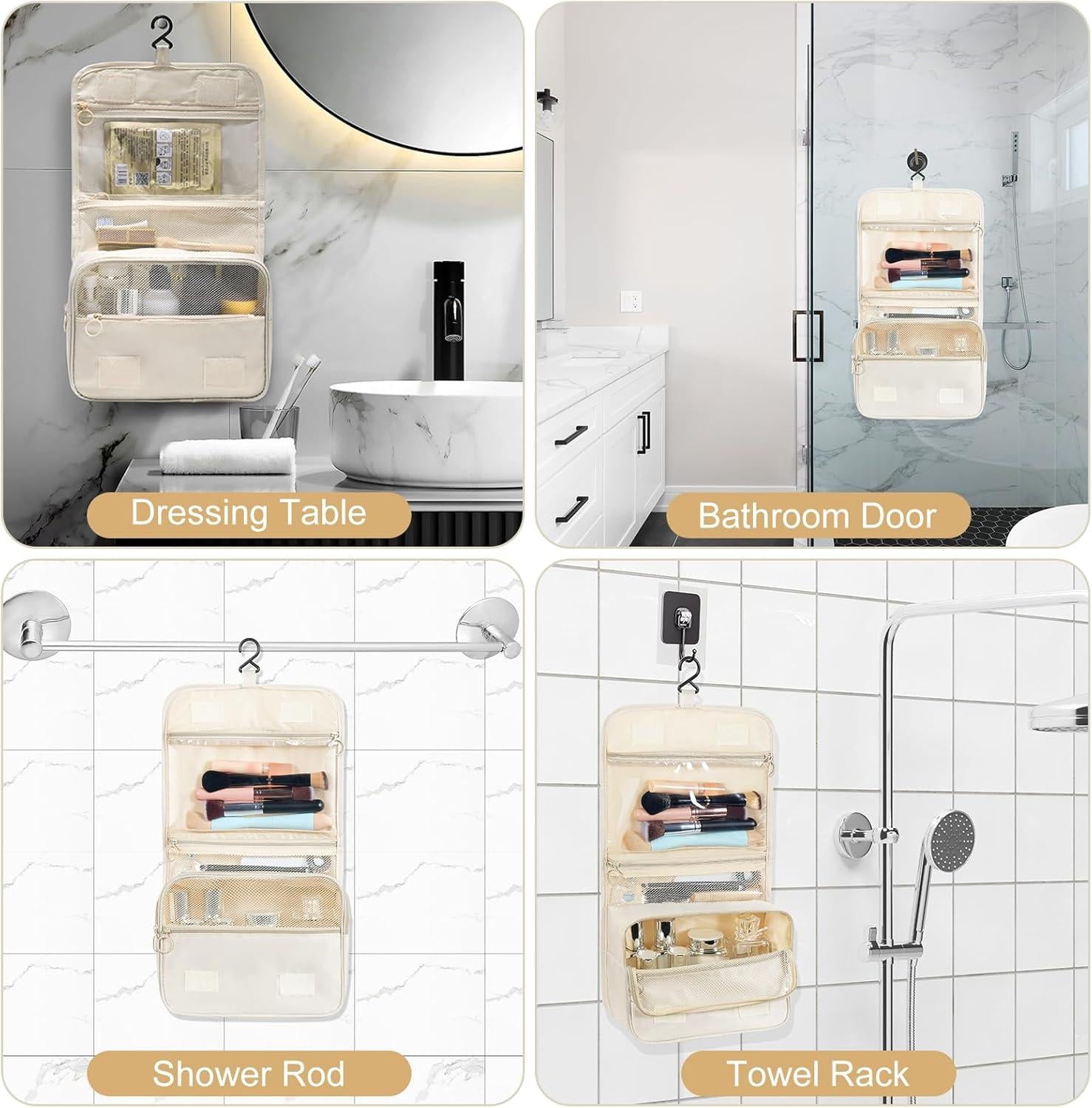 Hangende Toilettas Waterdicht – Kationisch Materiaal met Haak en 2 Trekkoordzakken – Beige