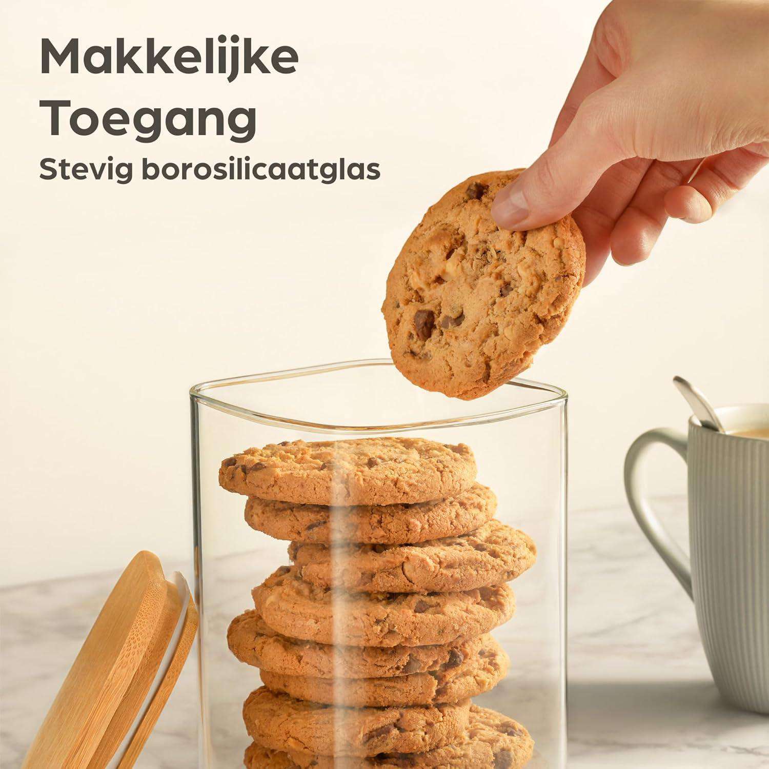 Vierkante Glazen Voorraadpotjes met Bamboe Deksel – Luchtdicht, Set van 3 (1 Liter)