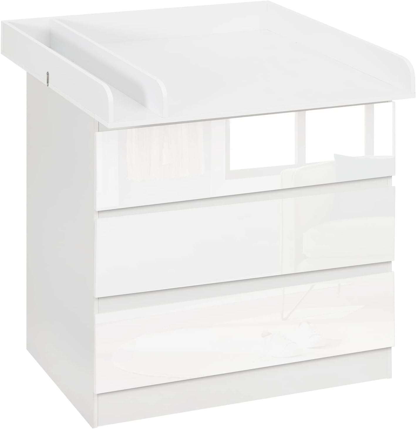 commode met aankleedkussen, ladekast met 3 lades, commode met geluidsarme metalen rails, kantelbeveiliging, 86 cm voor lendenbescherming, wit+Hoogglans Wit