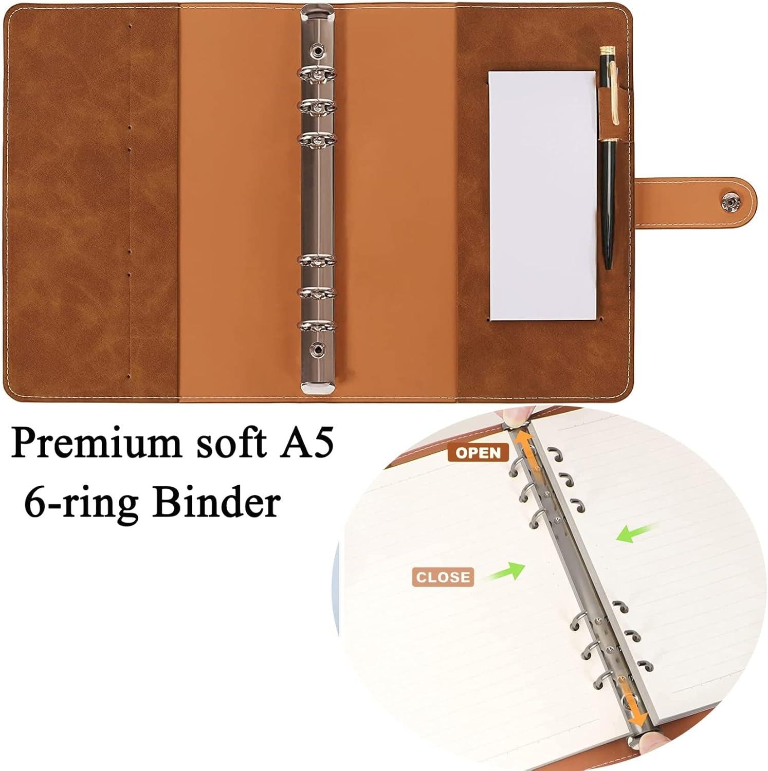 Leren Dagboek A5 – Navulbaar Notitieboek met Spiraalbinding, Geruit Papier & Binnenvakken – Bruin