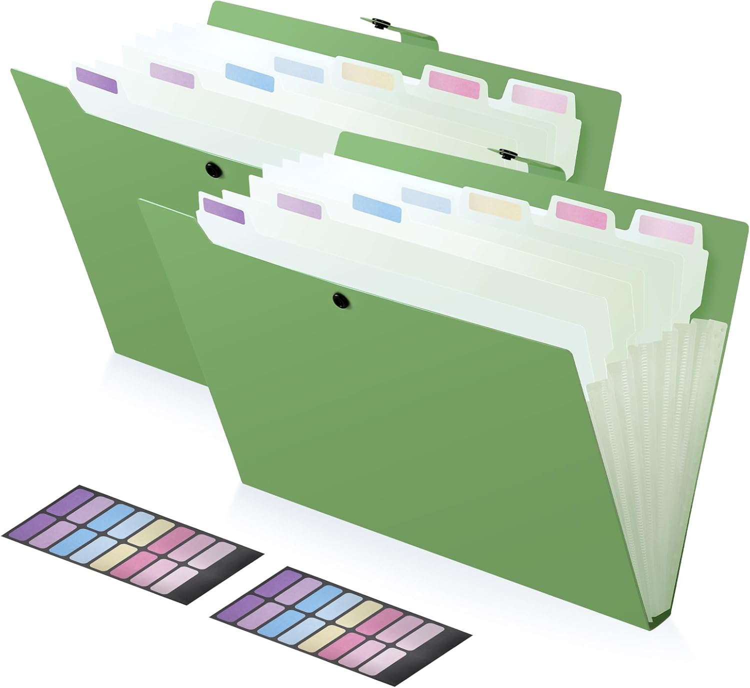 Multomap A4 met 8 vakken, documentenmap 2 stuks, snelhechter A4 plastic stevige etiketontwerp, ringband knopdesign voorkomt verspreiding, register voor ordner, groen