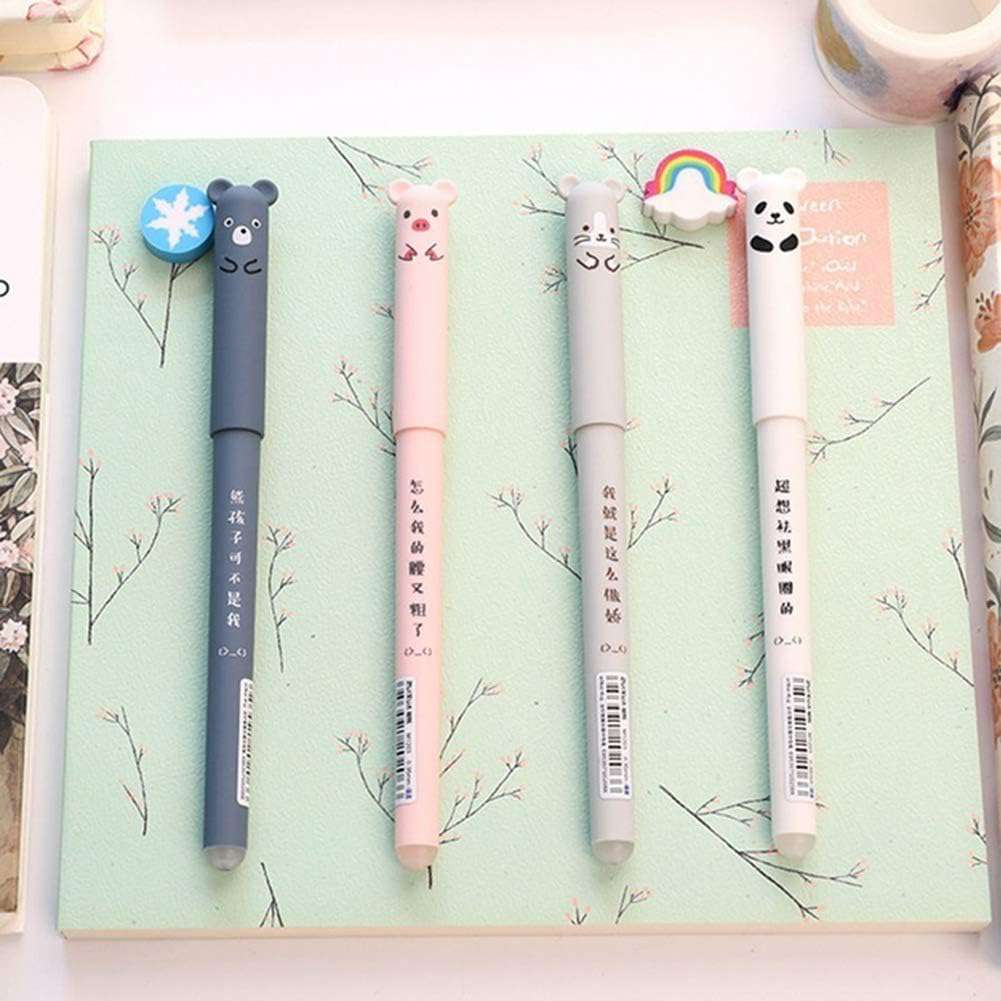 Gelpen, 0,35 mm, schattig cartoon-dier, uitwisbaar, blauwe inkt, voor studenten, schrijfwaren, kantoor, cadeau, 4 stuks, eenheidsmaat, willekeurige kleurkeuze
