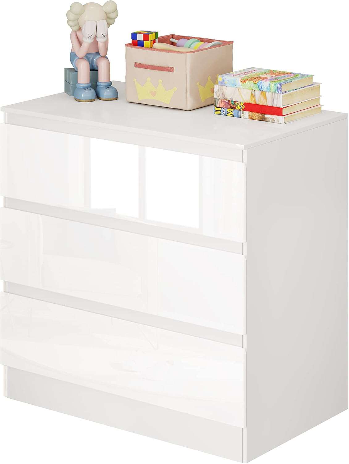 commode met aankleedkussen, ladekast met 3 lades, commode met geluidsarme metalen rails, kantelbeveiliging, 86 cm voor lendenbescherming, wit+Hoogglans Wit