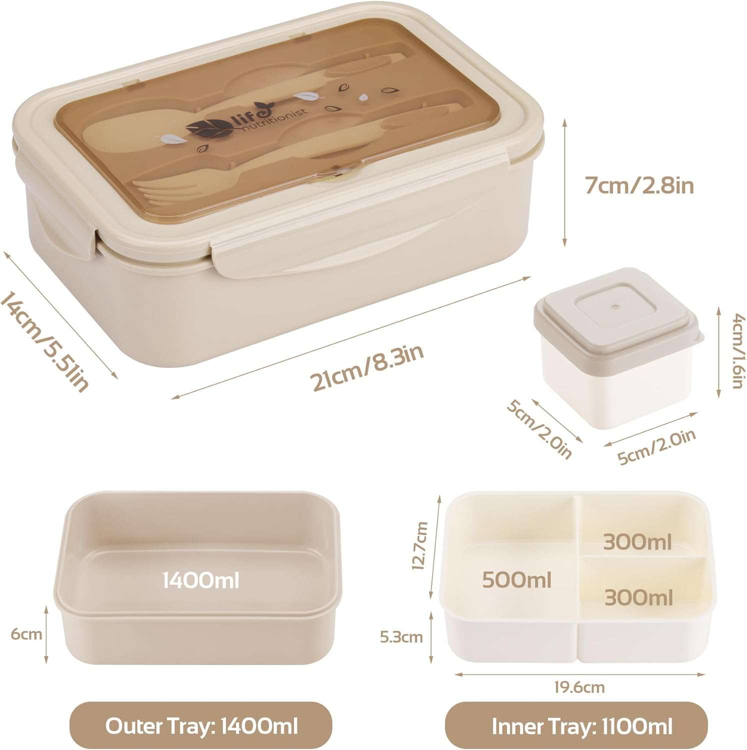 Lunchbox voor volwassenen en kinderen, 1400 ml, met 3 vakken, incl. bestek, de snackbox is geschikt voor magnetrons en vaatwassers, voor school, werk, picknick en op reis (kaki)