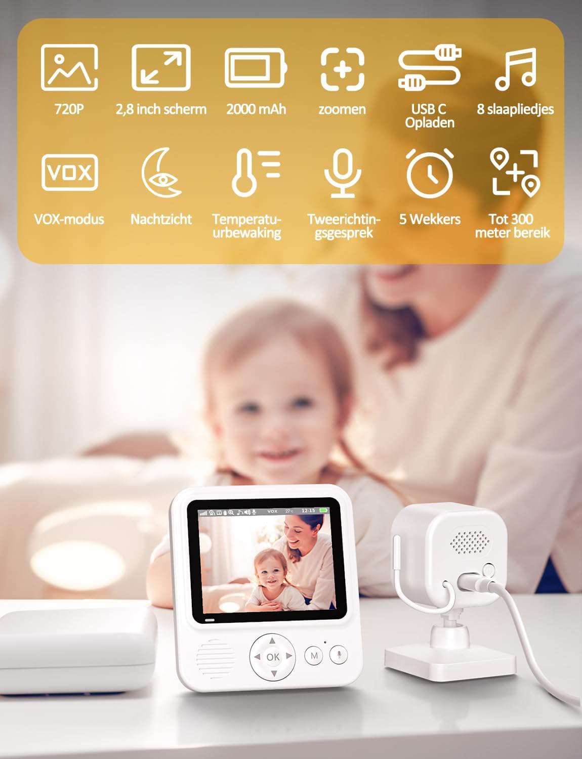 Babyfoon 2,8 inch 720P LCD Video Monitor 2000mAh USB-C Baby Phone met Digitale Zoom VOX Nachtzicht Tweewegcommunicatie Temperatuursensor 8 Slaapliedjes 5 Wekker