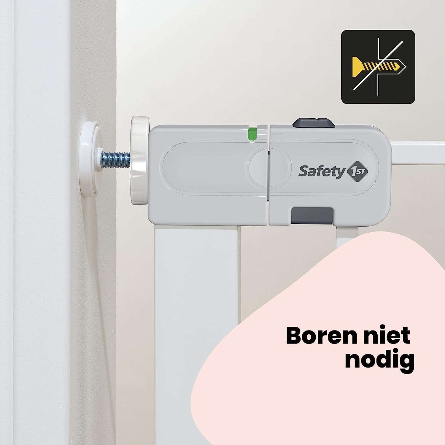 Safety 1st Auto Close Gate, Traphekje zonder boren, Automatisch sluitend veiligheidshek baby, 73–80 cm (max. 136 cm), Zelfklemmend (zonder boren), Met één hand te openen, Tweevoudige sluiting, Wit