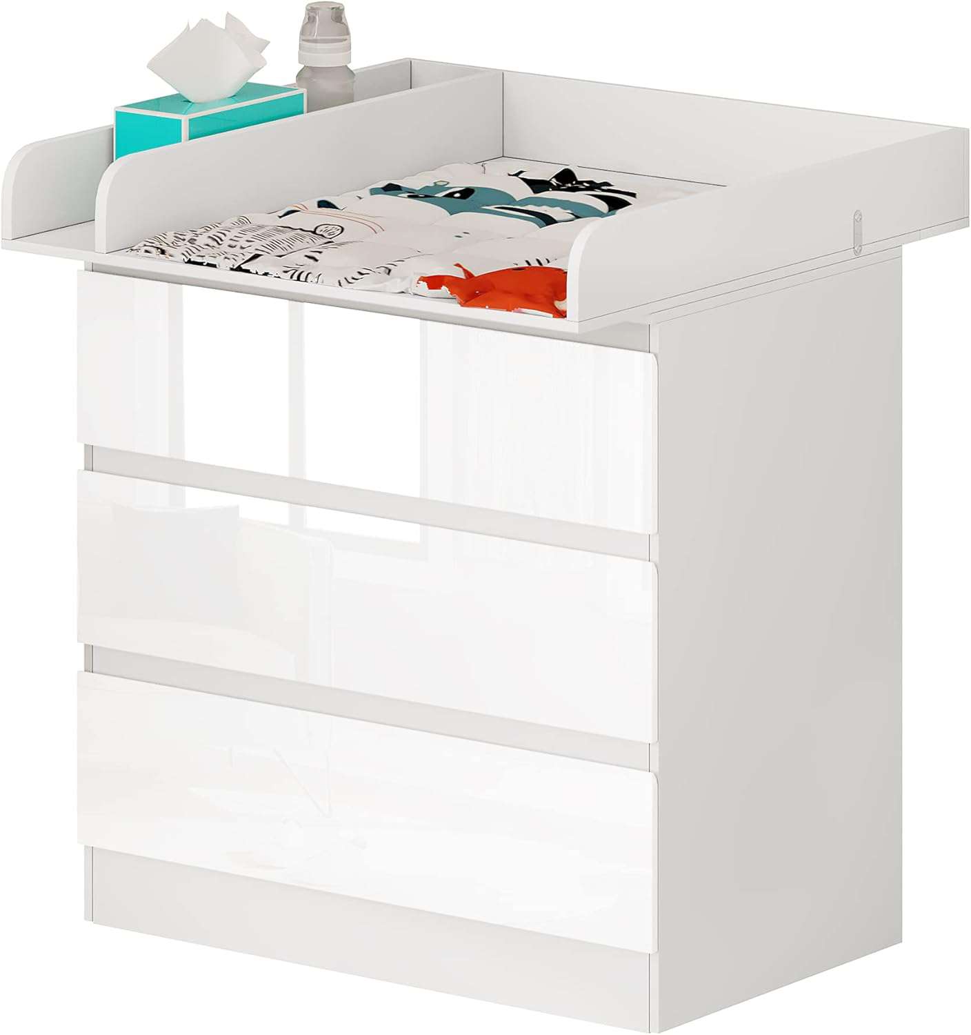 commode met aankleedkussen, ladekast met 3 lades, commode met geluidsarme metalen rails, kantelbeveiliging, 86 cm voor lendenbescherming, wit+Hoogglans Wit