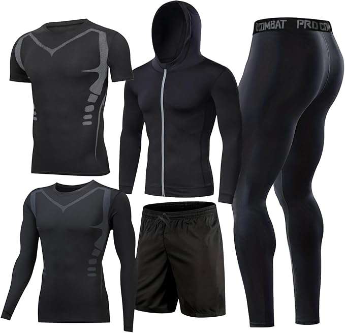 Trainingspak voor heren, Activewear, loopshirt, zweetpak, sportkleding, zweetpak, compressiebroek, fitness, gym, set van 5 stuks