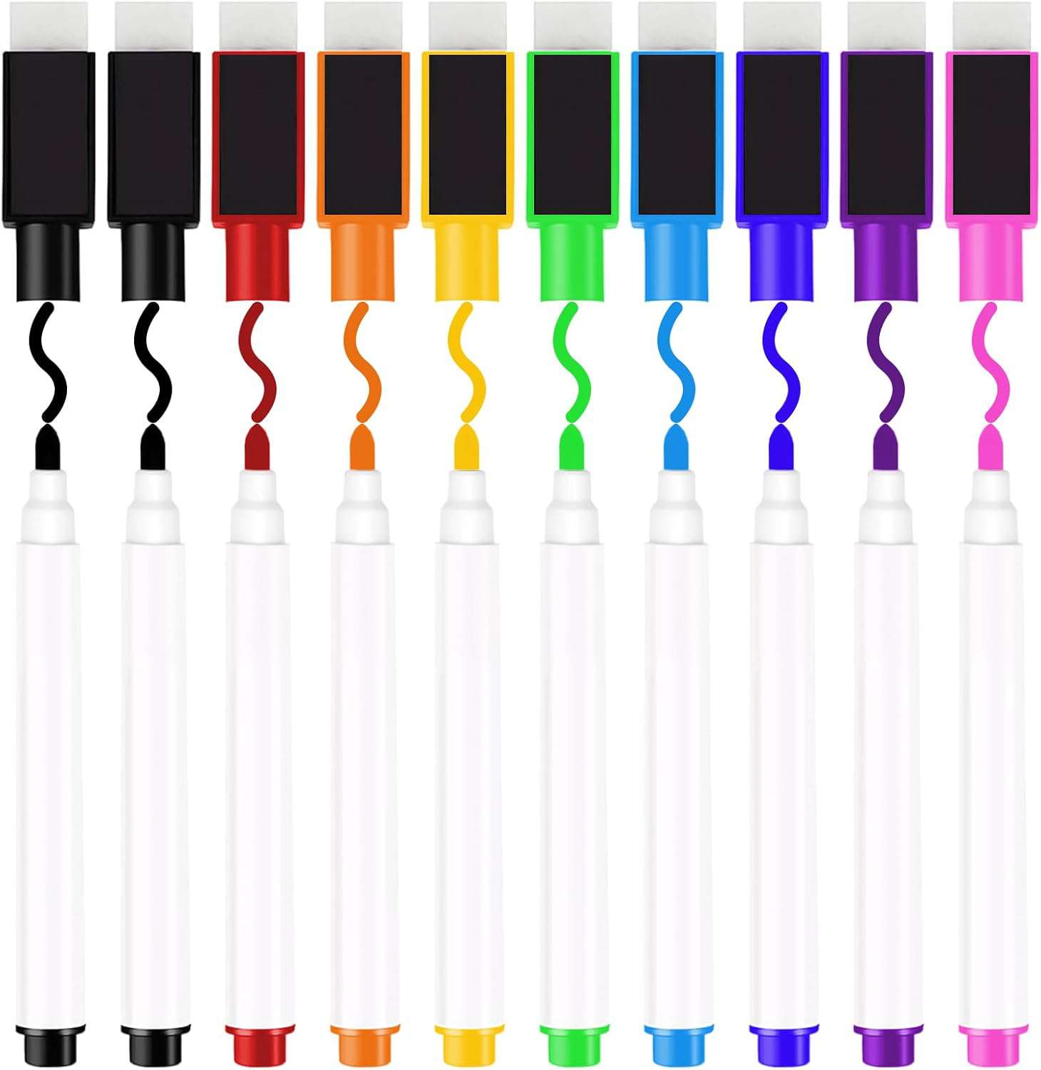 Whiteboardmarker, 10 stuks magnetische whiteboardstiften, 9 kleuren, afwasbaar, voor whiteboards, notitieborden en meer