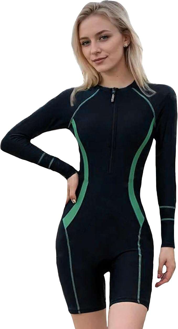 Beachkini Eendelig Zwempak voor Vrouwen,Zwemkleding met lange mouwen en rits aan de voorkant