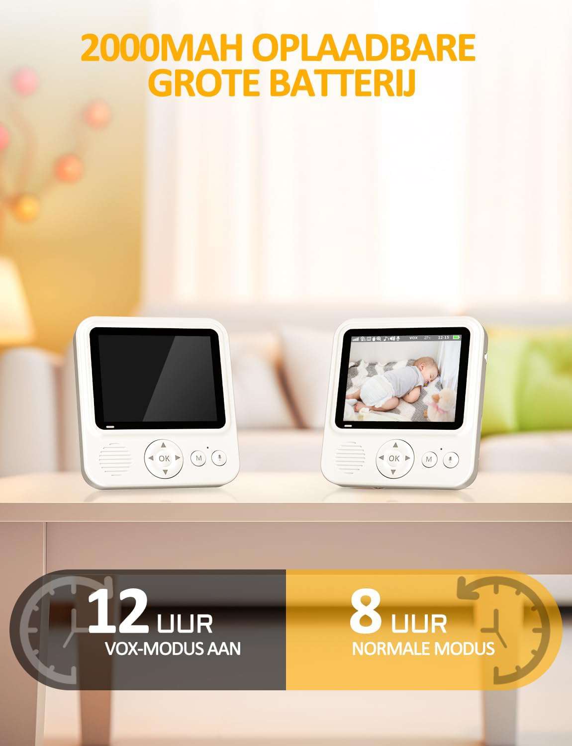 Babyfoon 2,8 inch 720P LCD Video Monitor 2000mAh USB-C Baby Phone met Digitale Zoom VOX Nachtzicht Tweewegcommunicatie Temperatuursensor 8 Slaapliedjes 5 Wekker