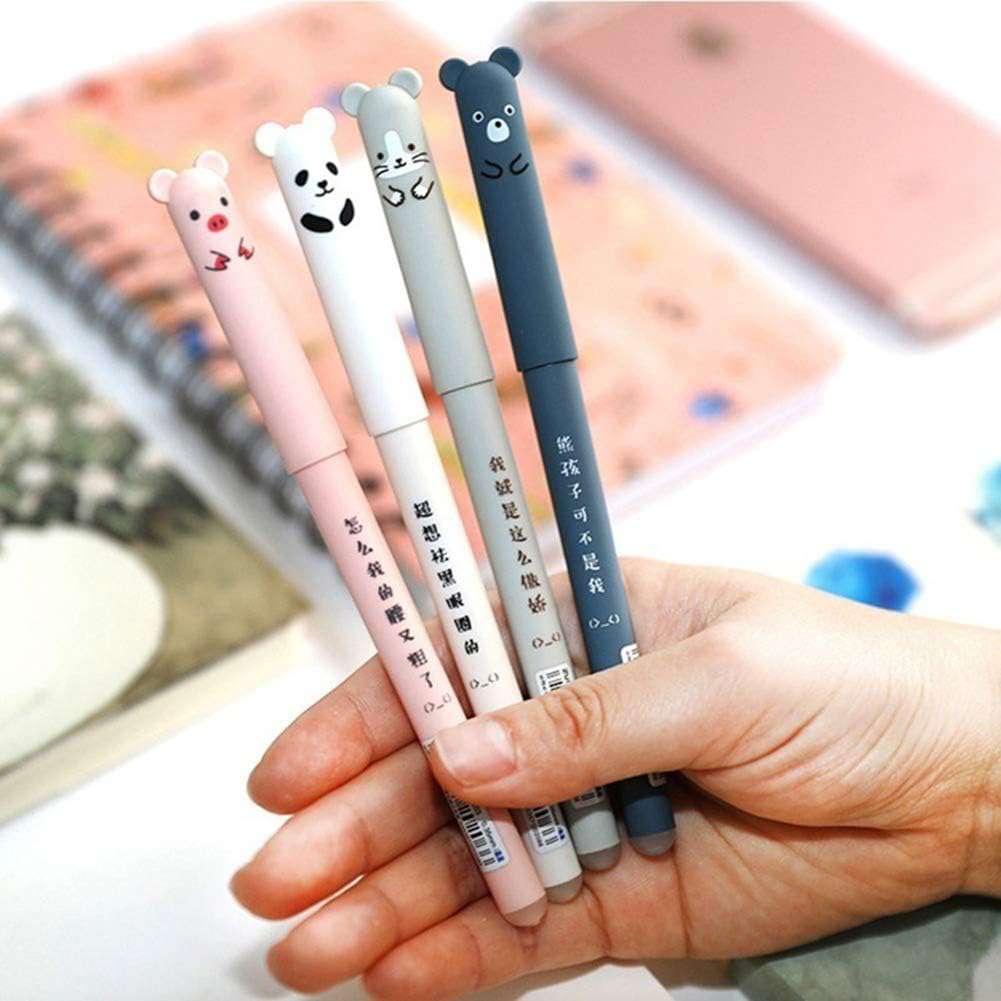 Gelpen, 0,35 mm, schattig cartoon-dier, uitwisbaar, blauwe inkt, voor studenten, schrijfwaren, kantoor, cadeau, 4 stuks, eenheidsmaat, willekeurige kleurkeuze