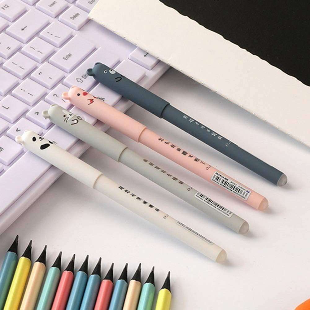 Gelpen, 0,35 mm, schattig cartoon-dier, uitwisbaar, blauwe inkt, voor studenten, schrijfwaren, kantoor, cadeau, 4 stuks, eenheidsmaat, willekeurige kleurkeuze