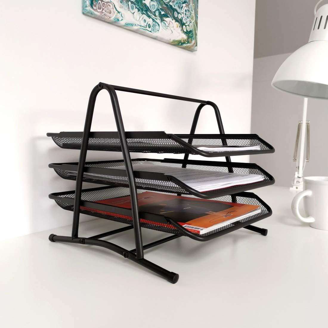 Metalen opbergvakken, bureau-organizer voor documenten, 3 laden, brievenbakje, A4-organizer, mesh, schuifladen, opbergsysteem voor kantoor, zwart
