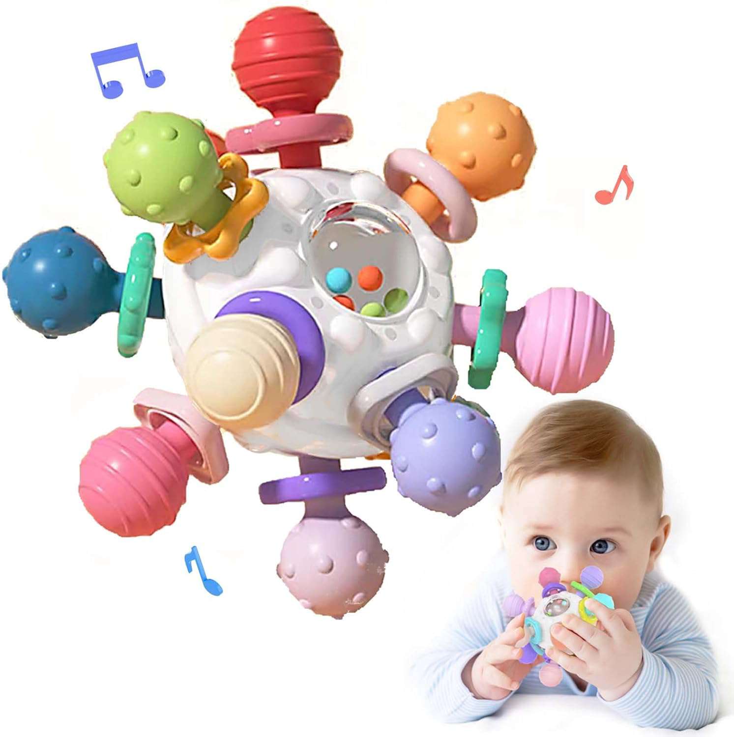 Bijtspeelgoed voor baby's vanaf 3 maanden, sensorisch, rammelaar, grijpbal, babyspeelgoed van siliconen, Montessori-motoriekspeelgoed, babycadeau vanaf 0/6/9 maanden - 1 jaar