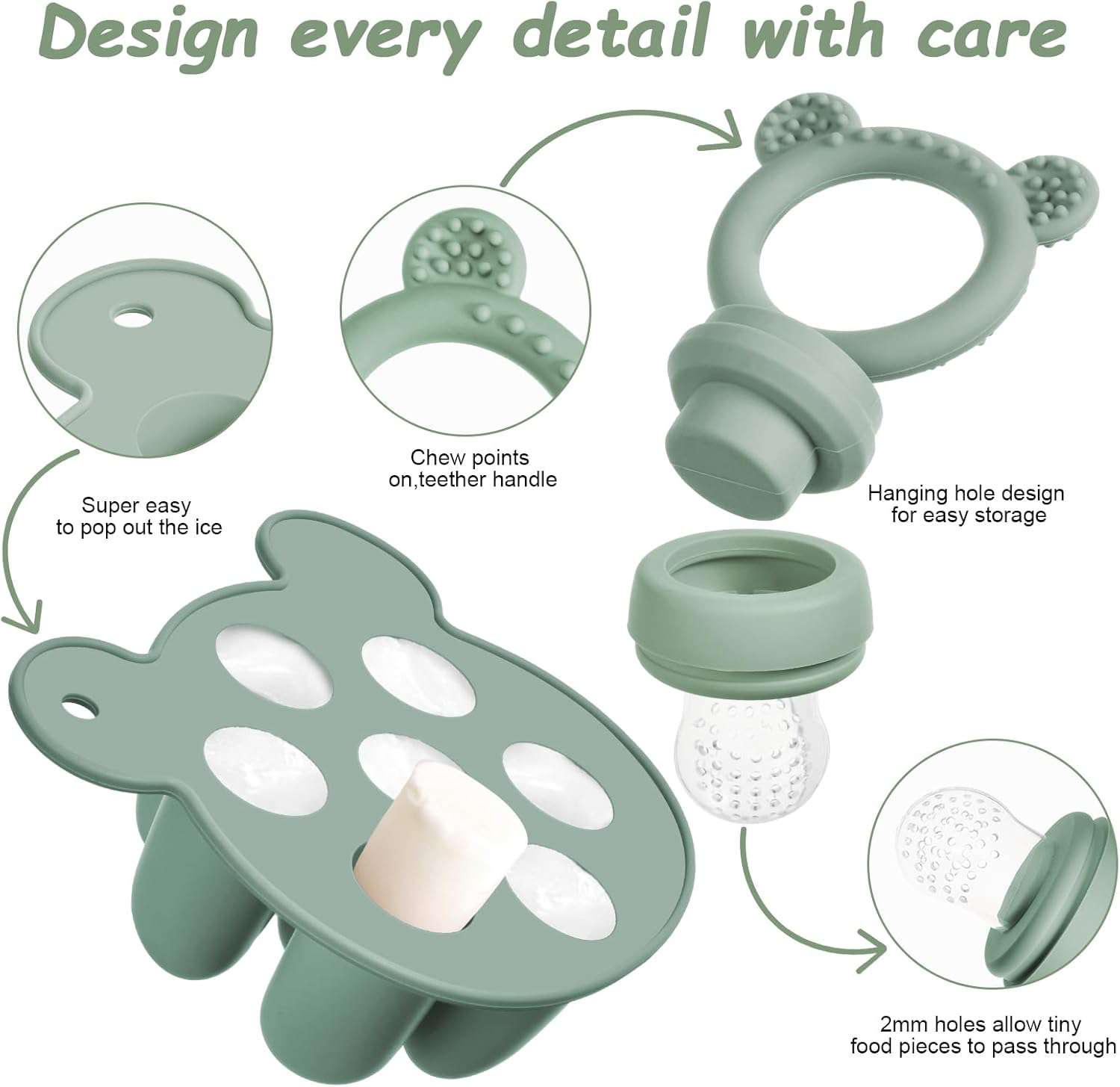 Baby Fruitvoedselset, siliconen fruitvoeder voor baby’s, fopspeen en lolly voor moedermelk, diepvriesbakjes, voorraadbakjes voor babyvoedsel voor veilig zelf voeden van baby’s, groen