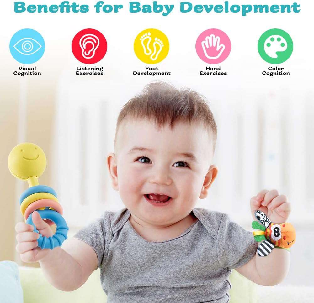 Baby Rammelaar Sokken Polsriem Rammelaars, 4 stks Pols Rammelaars voor Baby's & Voetzoeker Set, Zacht Dier Baby Rammelaars Speelgoed voor 0-6 Maanden Baby's Jongen Meisje