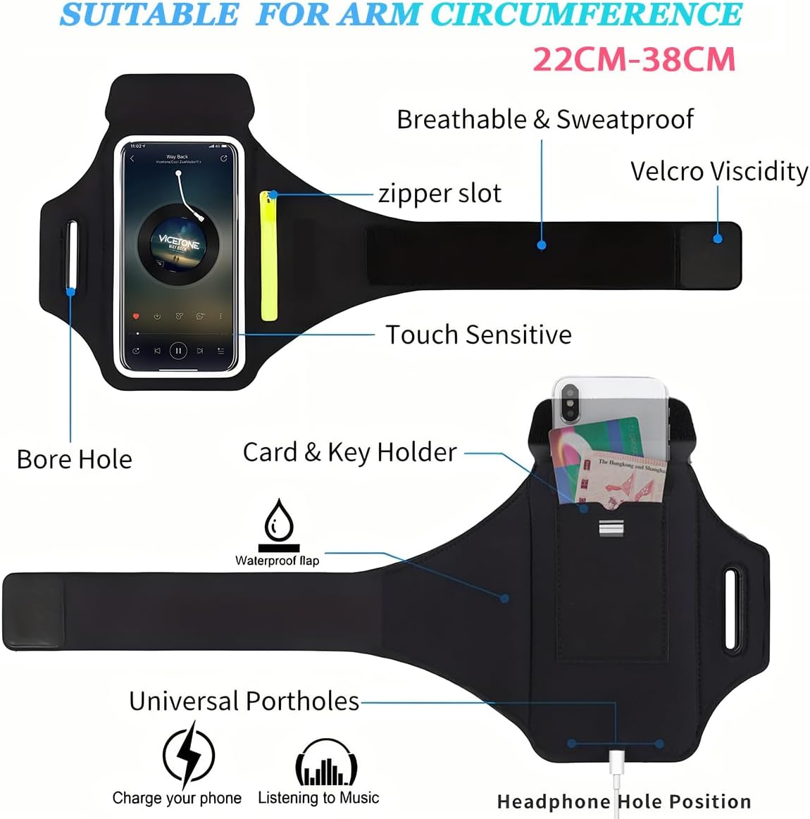 Running Armband Telefoonhouder, Zweetbestendige Arm Telefoonhouder voor Hardlopen, Joggen, Gym - Telefoonarmband Running Case Compatibel met iPhone 16/15/14/13/12 Pro Max, geschikt voor