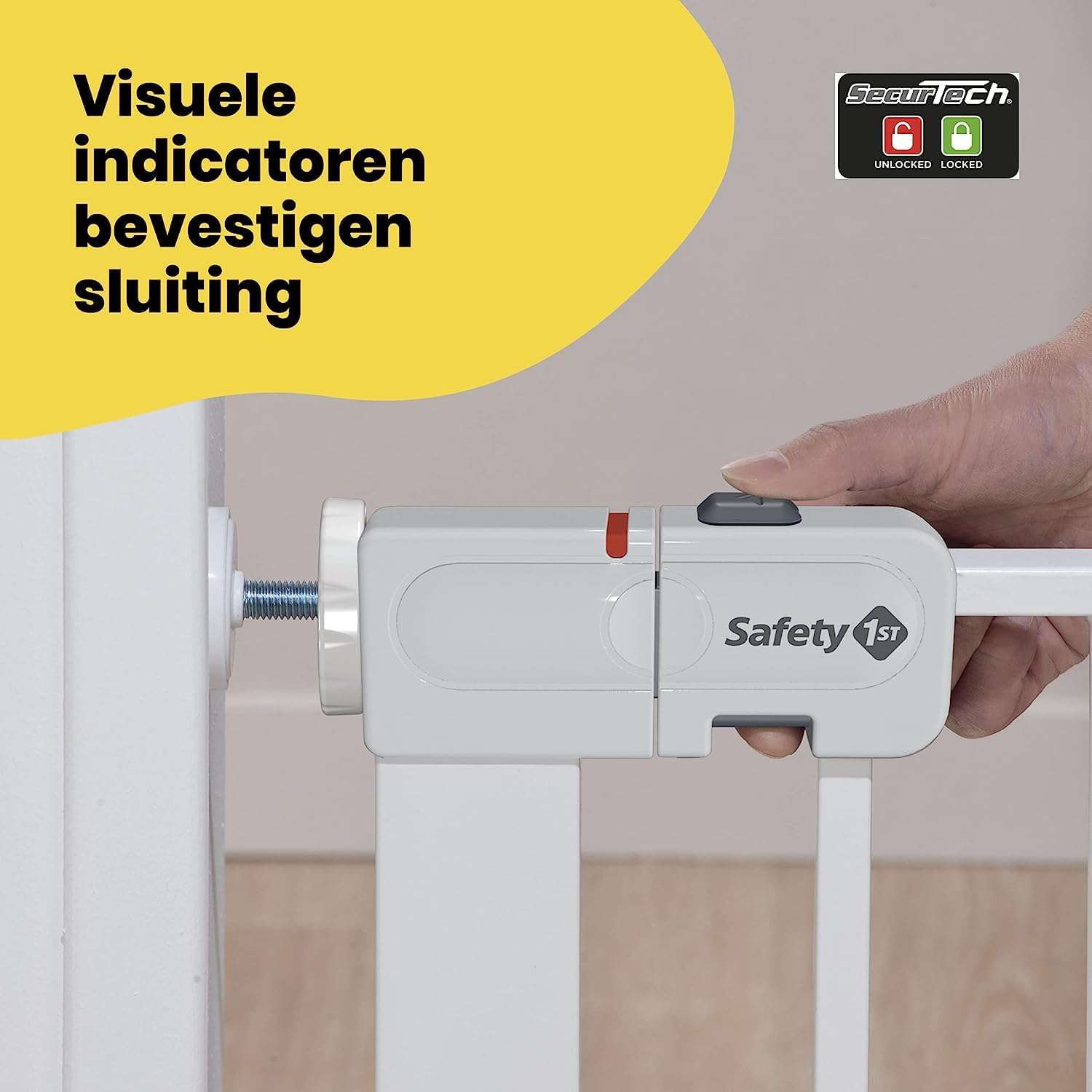 Safety 1st Auto Close Gate, Traphekje zonder boren, Automatisch sluitend veiligheidshek baby, 73–80 cm (max. 136 cm), Zelfklemmend (zonder boren), Met één hand te openen, Tweevoudige sluiting, Wit