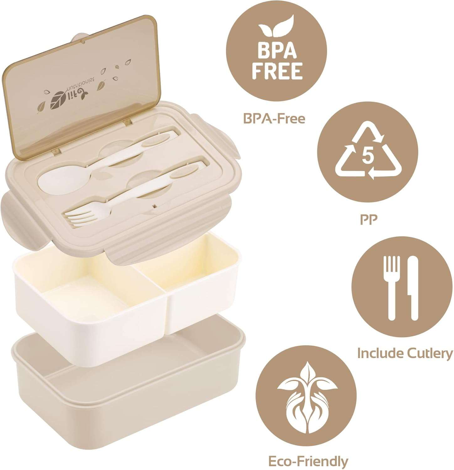 Lunchbox voor volwassenen en kinderen, 1400 ml, met 3 vakken, incl. bestek, de snackbox is geschikt voor magnetrons en vaatwassers, voor school, werk, picknick en op reis (kaki)