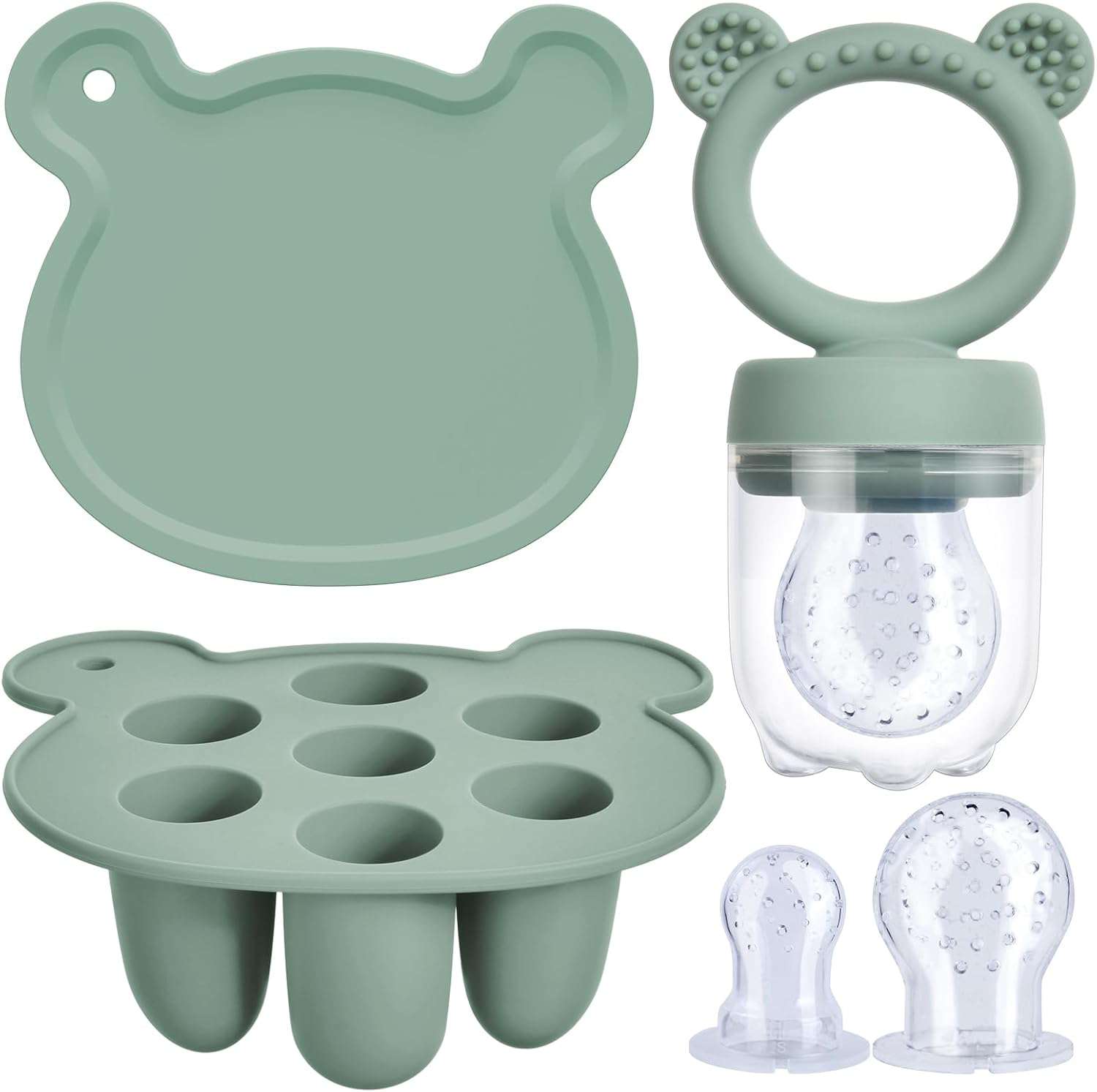 Baby Fruitvoedselset, siliconen fruitvoeder voor baby’s, fopspeen en lolly voor moedermelk, diepvriesbakjes, voorraadbakjes voor babyvoedsel voor veilig zelf voeden van baby’s, groen