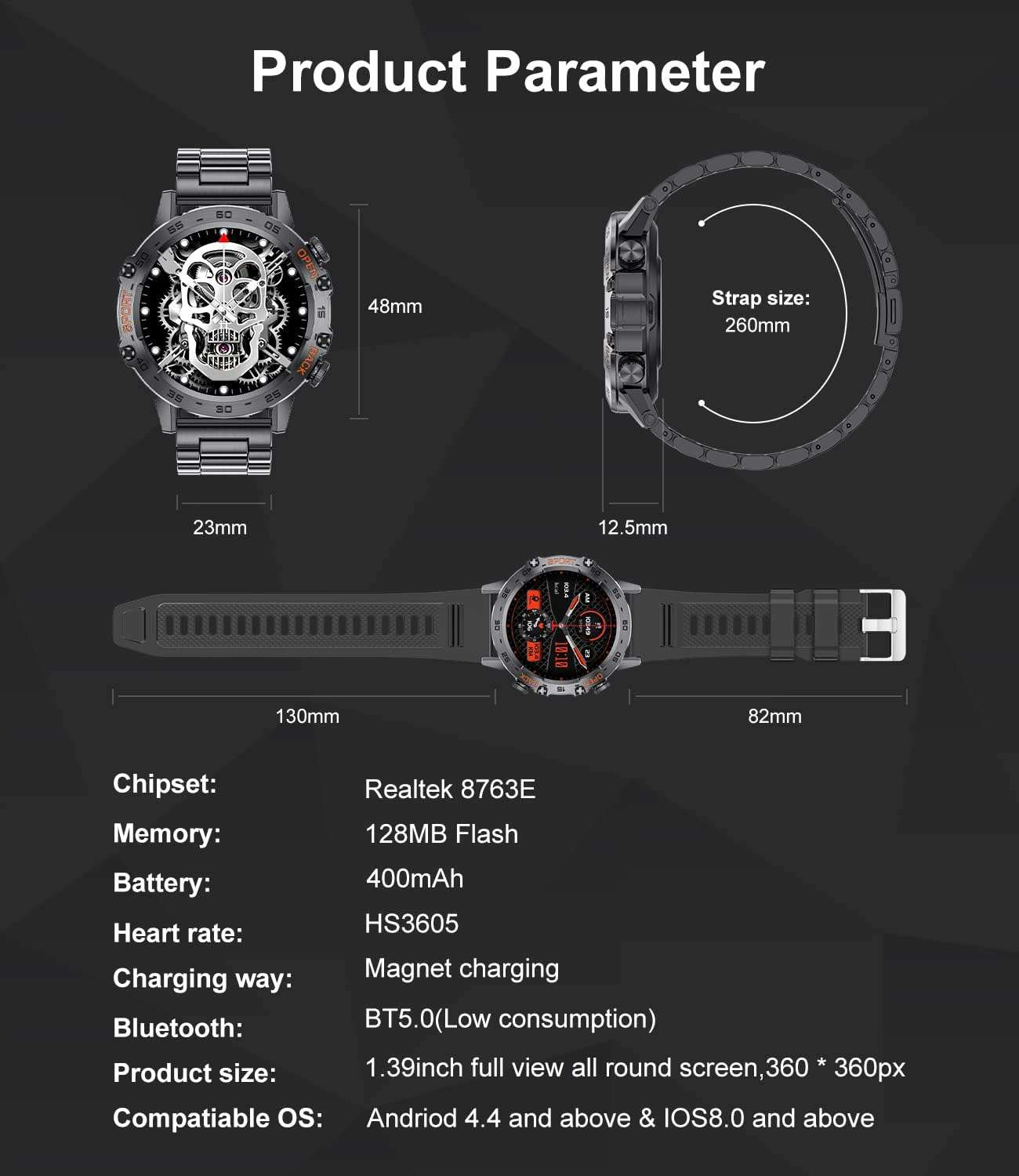 Smartwatch Heren met Metalen Band, 1,39 Inch Military Smart Watches met Hartslag, Bloeddruk, Slaapbewaking voor Android iOS, 100+ Sportmodi Sporthorloge, IP67 Waterdicht, Bluetooth Oproep