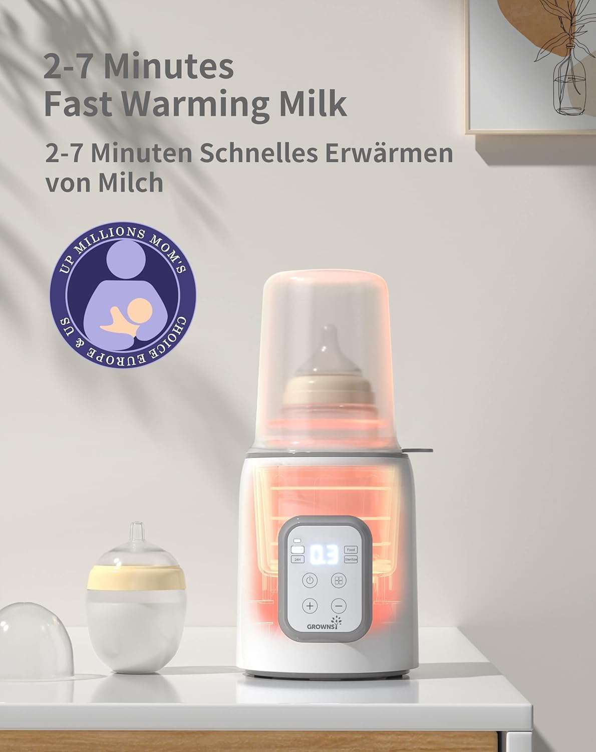 Flesverwarmer voor baby's, sterilisator voor babyflessen, 8-in-1 Fast babyvoeding, warm houden van babyvoeding en ontdooien, BPA-vrije fleswarmer, babyvoedingwarmer met lcd-display