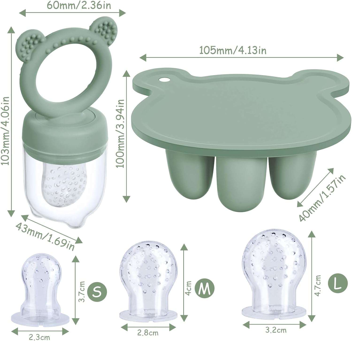 Baby Fruitvoedselset, siliconen fruitvoeder voor baby’s, fopspeen en lolly voor moedermelk, diepvriesbakjes, voorraadbakjes voor babyvoedsel voor veilig zelf voeden van baby’s, groen