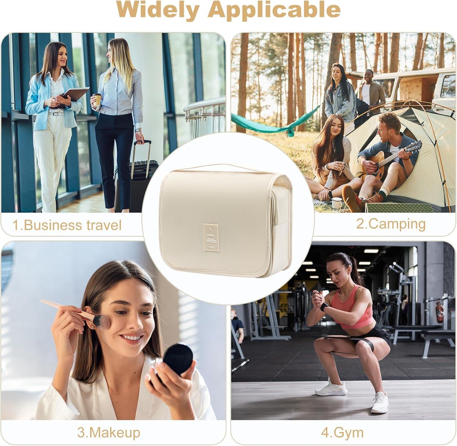 Hangende Toilettas Waterdicht – Kationisch Materiaal met Haak en 2 Trekkoordzakken – Beige