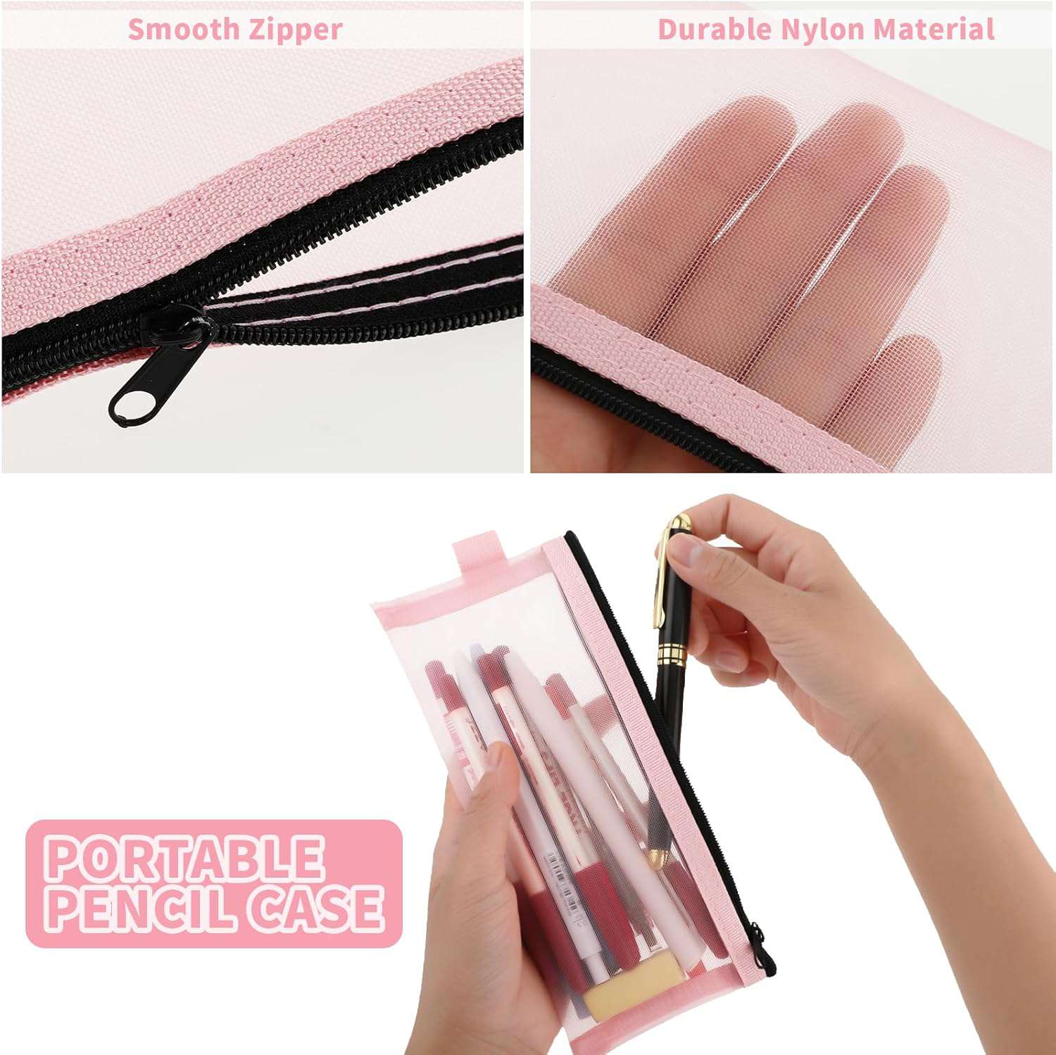 3 stuks doorzichtige etui nylon mesh grote inhoud schrijfwaren pennenetui pennenetui meisjes etui pennen voor tieners kantoor grijs wit roze, grijs, wit, roze, Modern nylon mesh-design