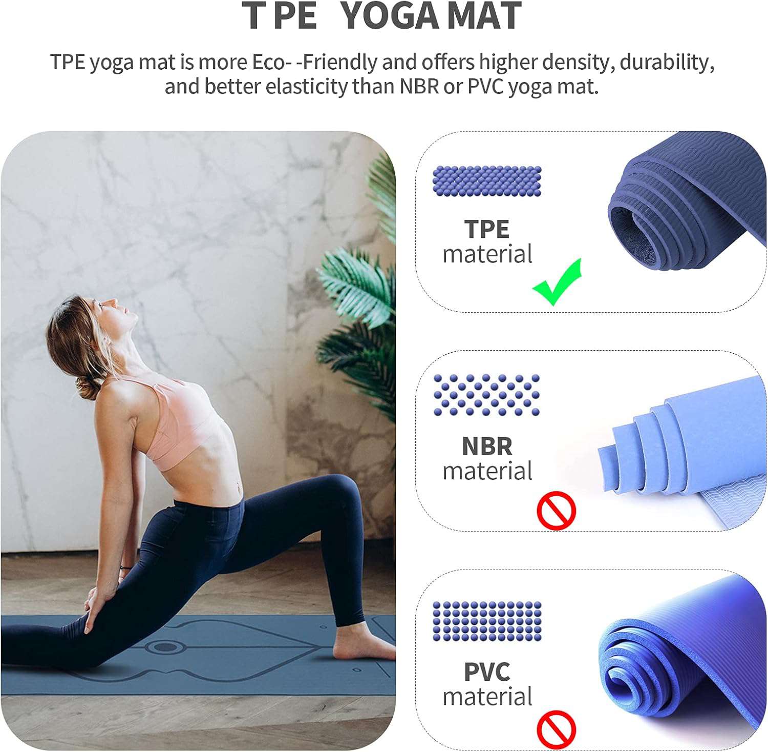 Yogamat, antislip, fitnessmat, milieuvriendelijke TPE-sportmat met draagriem, gymnastiekmat voor pilates, yoga, workout, 183 x 61 x 0,6 cm