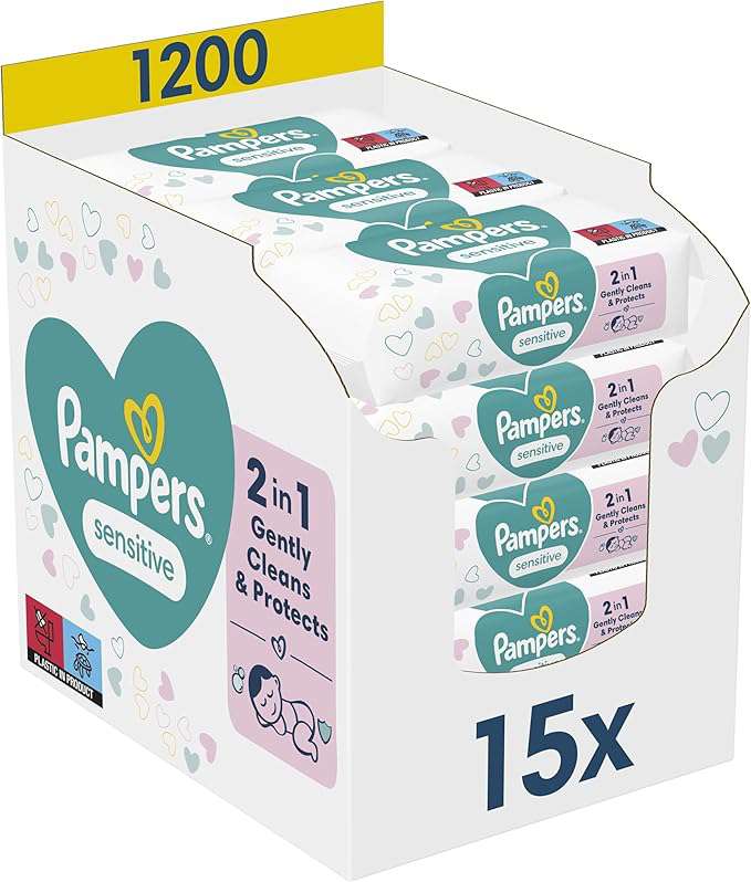 Pampers Sensitive Billendoekjes 1200 Babydoekjes (15 x 80 Doekjes) Unieke pH Beschermende Formule Zonder Parfum Dermatologisch Getest
