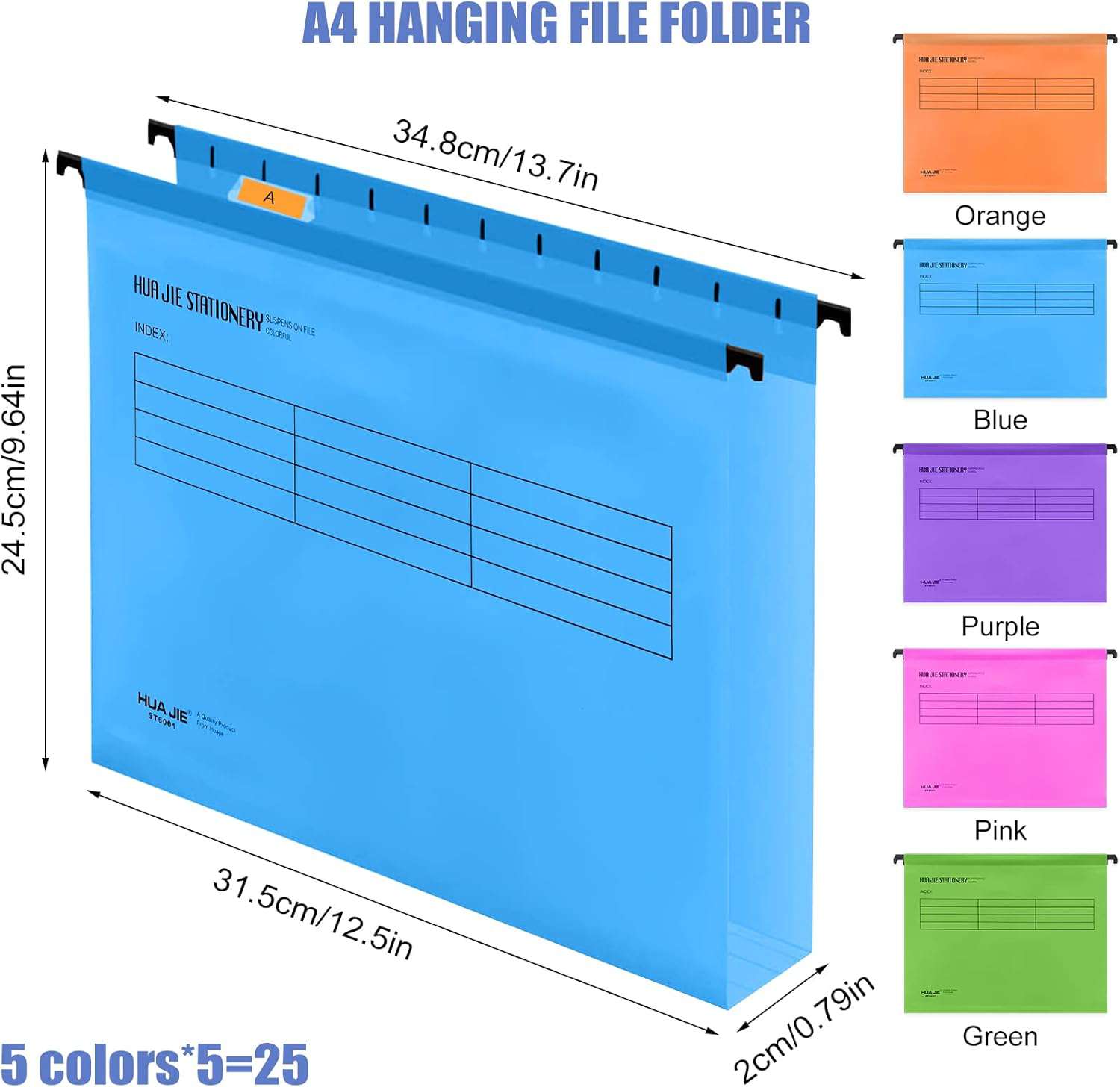 A4-ophangmappen, 25 stuks polypropyleen archiefkast ophangbestanden met tabbladen, kaartinzetstukken en uitwisbare pen, A4-ophangmappen voor archiveringsopslag voor school, thuis, werk, kantoor