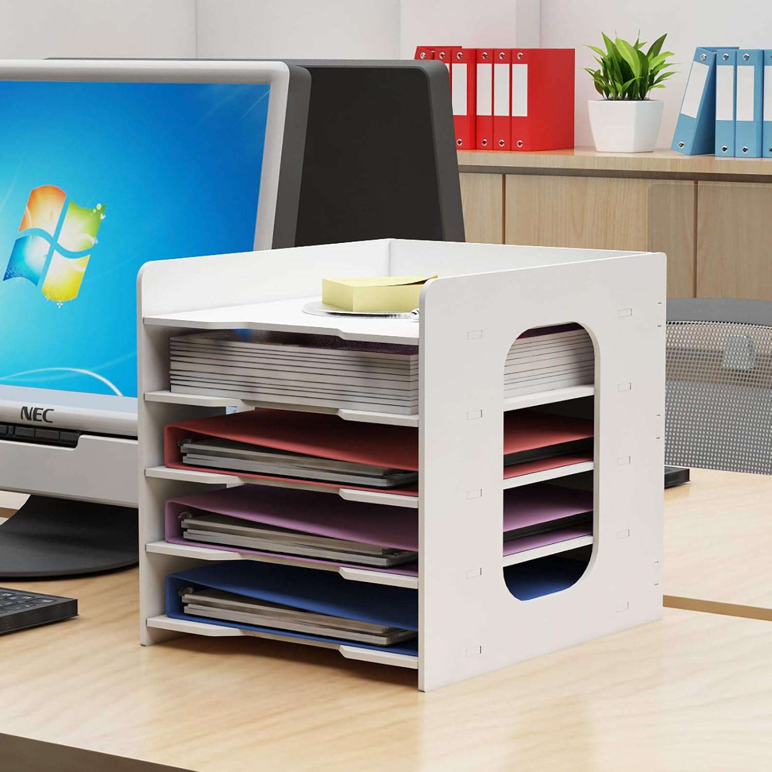Documentenhouder, A4, brievenbakje, 5 opbergvakken, pvc, bureau, bestandsorganizer, papierhouder, archiefopslag, opbergsysteem, documentenhouder voor kantoor, werkkamer, school, kantoor