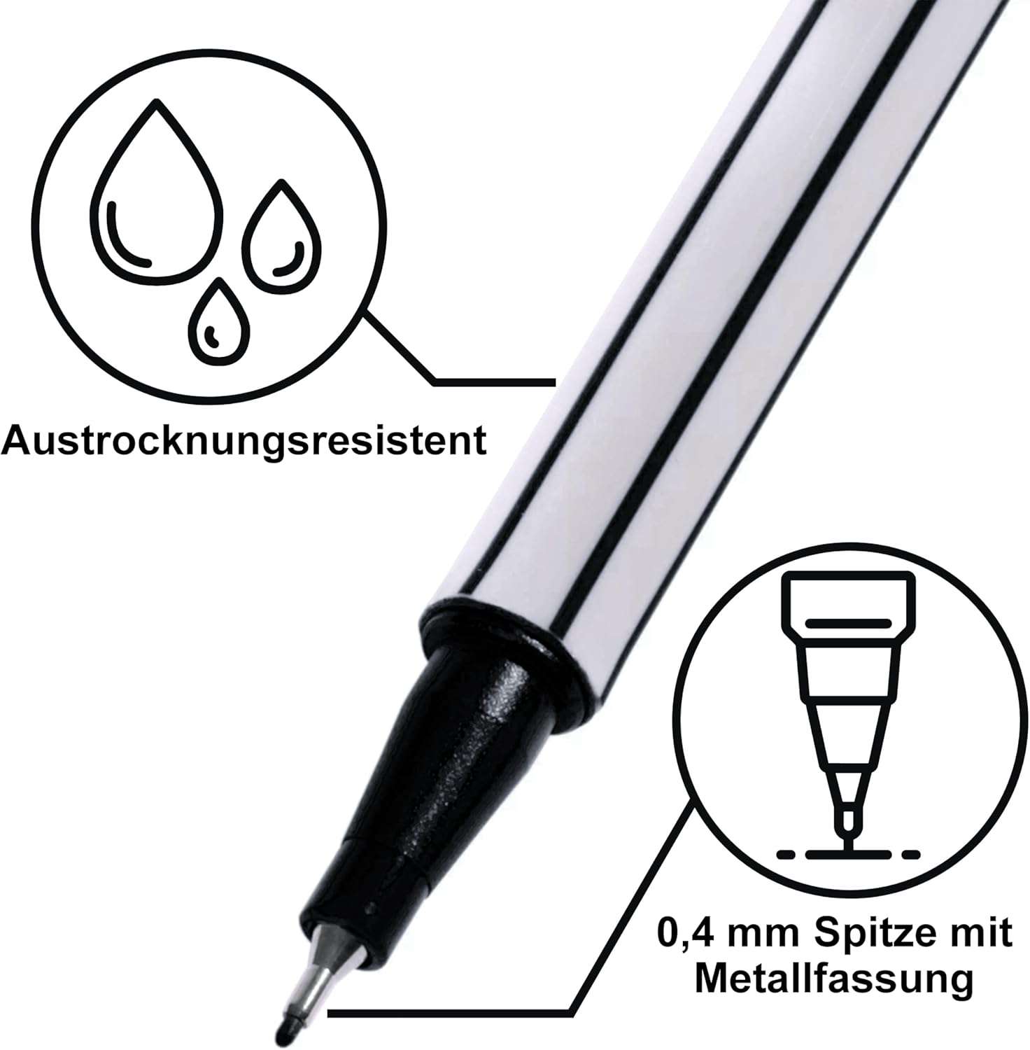 10 x fineliner zwart - fijne 0,4 mm punt - metalen vezelpunt - viltstiften voor nauwkeurig schrijven, tekenen en schilderen - voor kantoor, school, universiteit en thuis