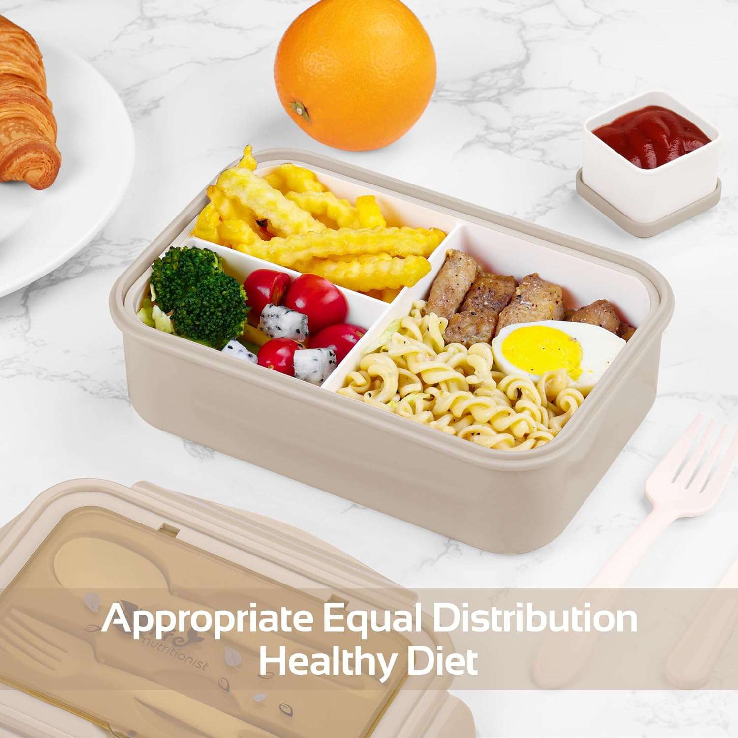 Lunchbox voor volwassenen en kinderen, 1400 ml, met 3 vakken, incl. bestek, de snackbox is geschikt voor magnetrons en vaatwassers, voor school, werk, picknick en op reis (kaki)