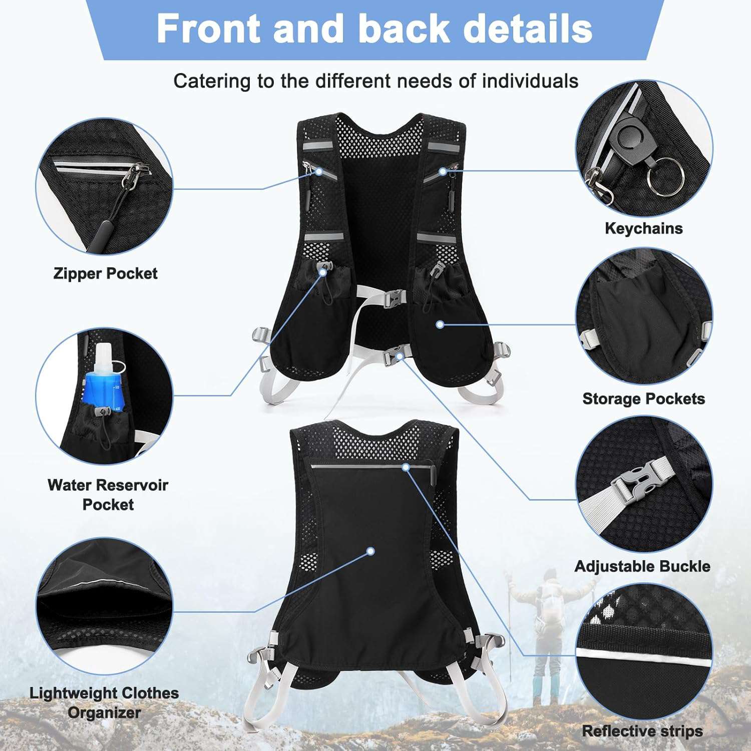 Hardloopvest voor dames en heren, met 2 soft flask van 500 ml, verstelbare rugzak, reflecterend, hydratatievest, trailrunning, ademend hardloopvest voor hardlopen, fietsen, marathons