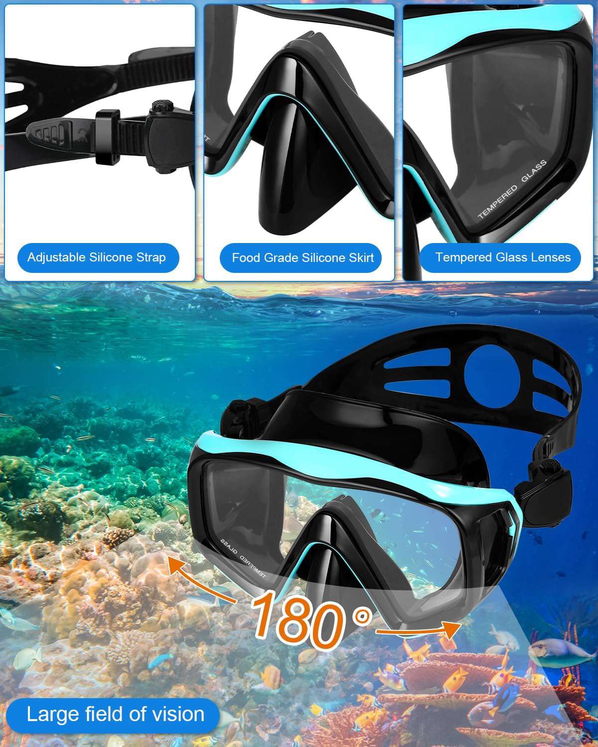 Duikbril voor volwassenen, snorkelset voor volwassenen, duikbril met snorkel universeel voor mannen en vrouwen, gehard glas, met oordopjes