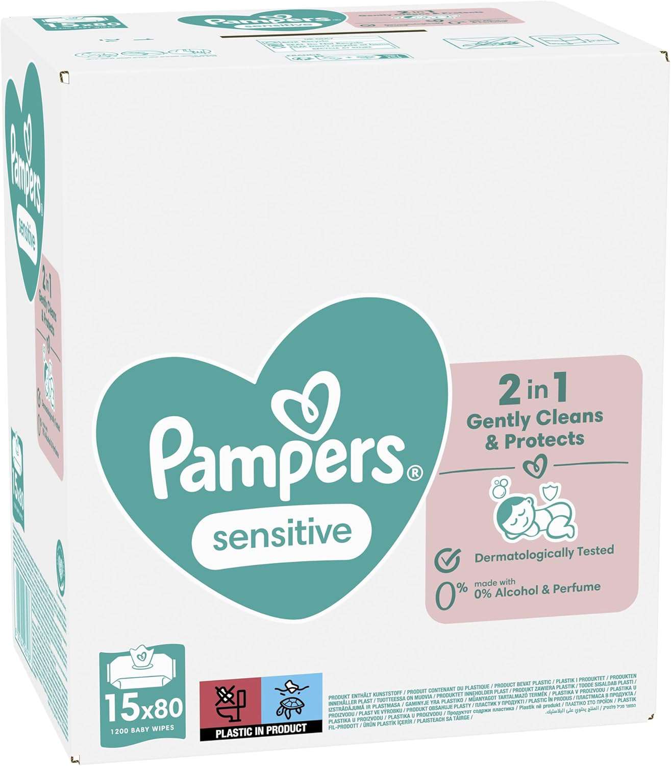 Pampers Sensitive Billendoekjes 1200 Babydoekjes (15 x 80 Doekjes) Unieke pH Beschermende Formule Zonder Parfum Dermatologisch Getest