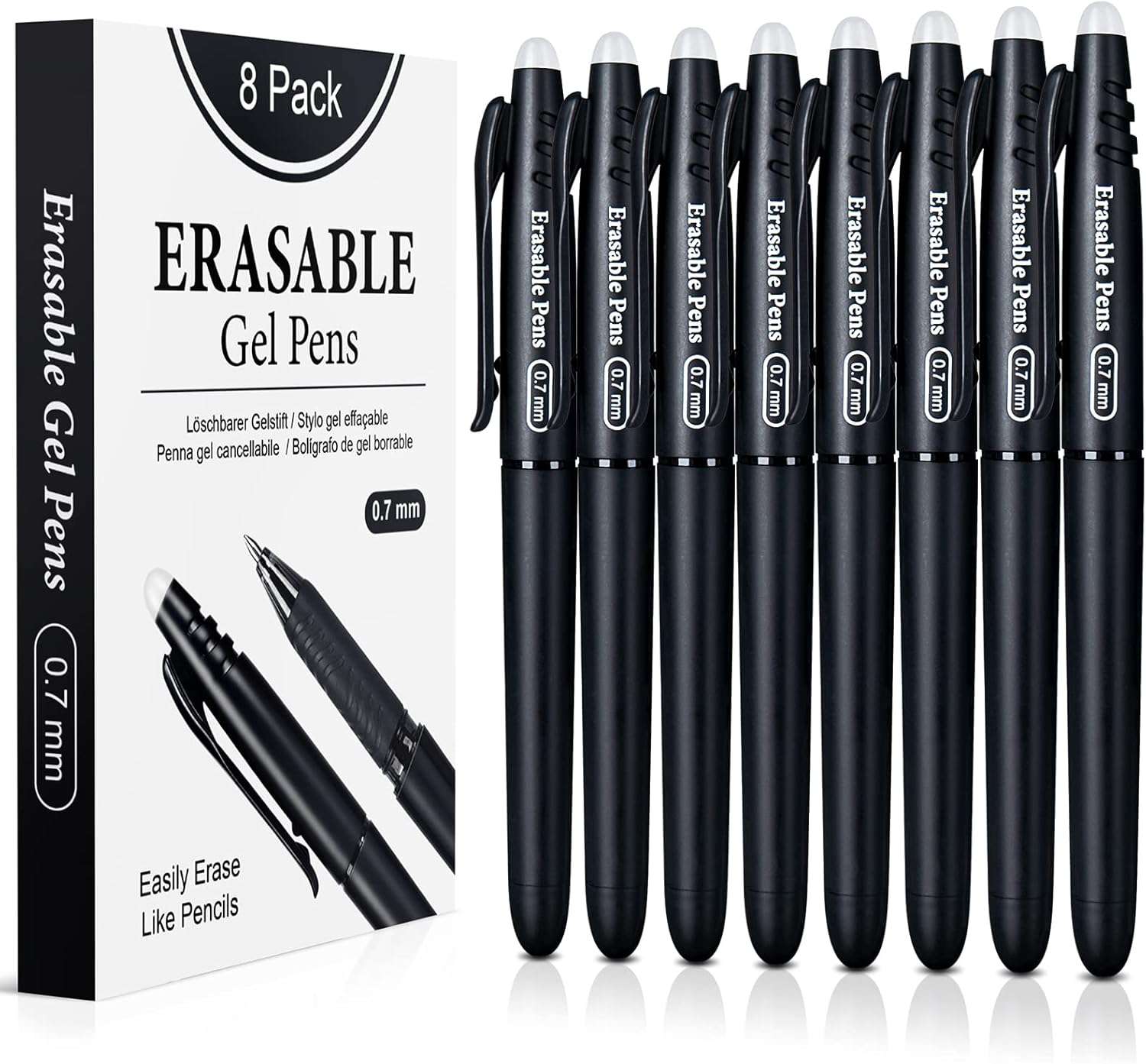 Uitwisbare balpen, uitwisbaar, 8 zwarte uitwisbare rollers, 0,7 mm balpen, uitwisbare pennen, gumstift, balpen met gum
